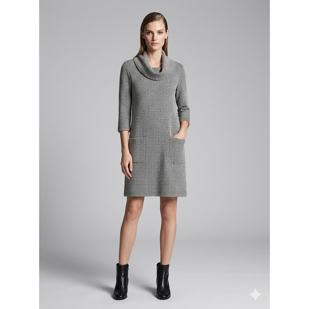 Perceptions New York Cozy Chic Casual Black & White Chevron Cowl Neck Dress M